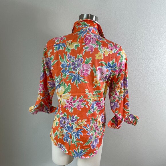 Lauren Ralph Lauren Womens Small Floral Button Up Shirt Vibrant Orange Blouse - Picture 7 of 7